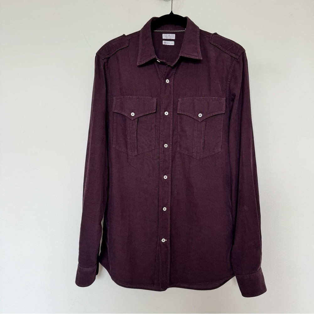 Brunello Cucinelli Leisure Fit Corduroy Cotton Button Down Shirt, Plum, Size S.